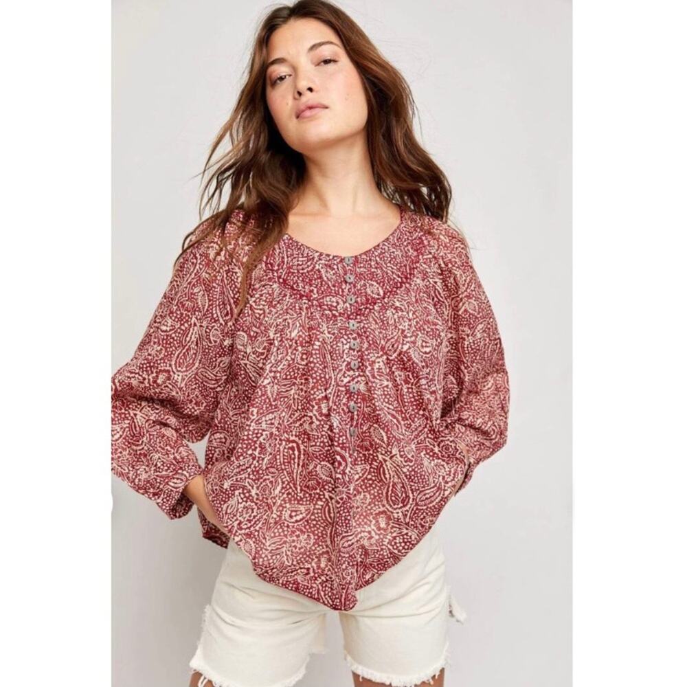 Free people Cool Meadow printed top in sweet Cramberry burgundy women's size S